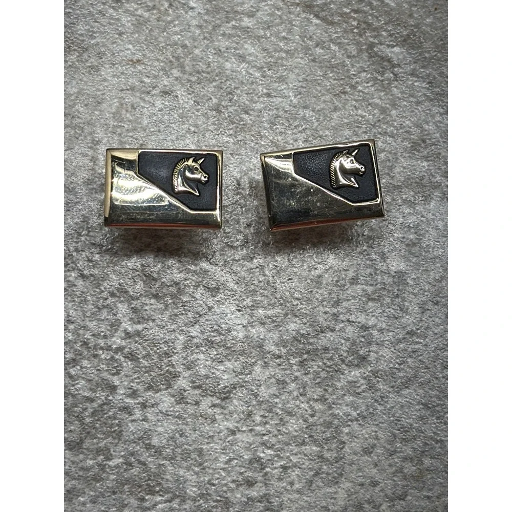 Vintage Gold Tone Unicorn Enamel Cufflinks Mens Black Gold Rectangular Toggle